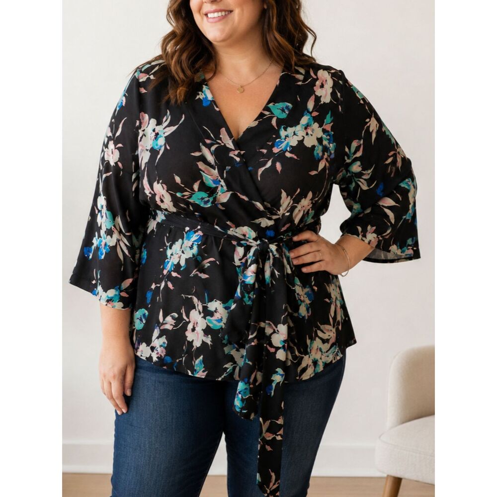 Lane Bryant Floral Tie Waist Blouse 18/20 Black Kimono Sleeve Top Plus